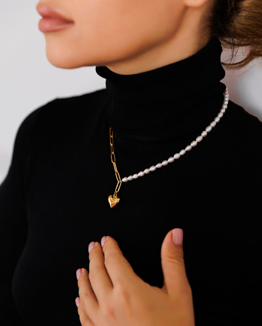 Calliope - Real Pearls , 18k Gold Plated Necklace With Heart Pendant Gold Color