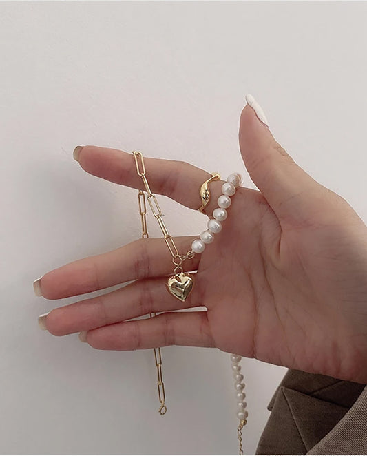 Calliope - Real Pearls , 18k Gold Plated Necklace With Heart Pendant Gold Color