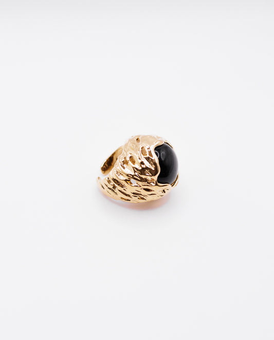 Augusta - bold and artistic 18k gold plated ring with big black stone , gold color