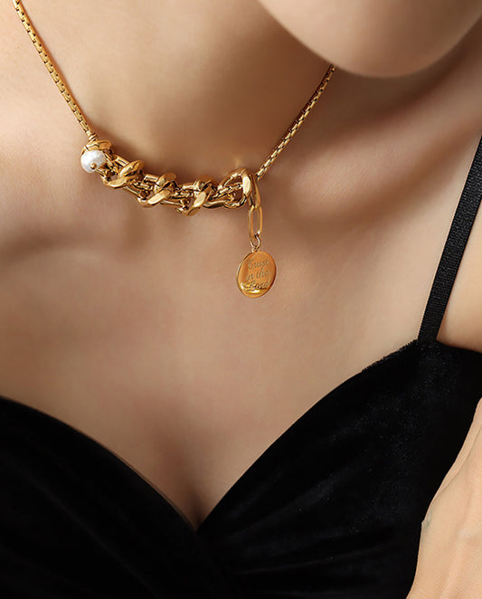 Ethel - Statement 18K Gold Plated Chain Necklace Gold Color With Small Real Pearl