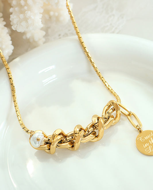 Ethel - Statement 18K Gold Plated Chain Necklace Gold Color With Small Real Pearl
