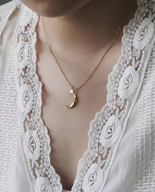 Moonstar - 18k gold plated classic chain necklace with moon and star pedants , gold color