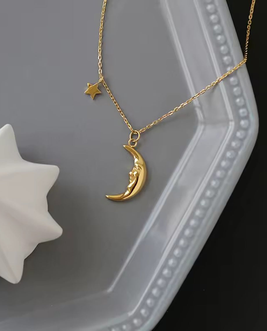 Moonstar - 18k gold plated classic chain necklace with moon and star pedants , gold color