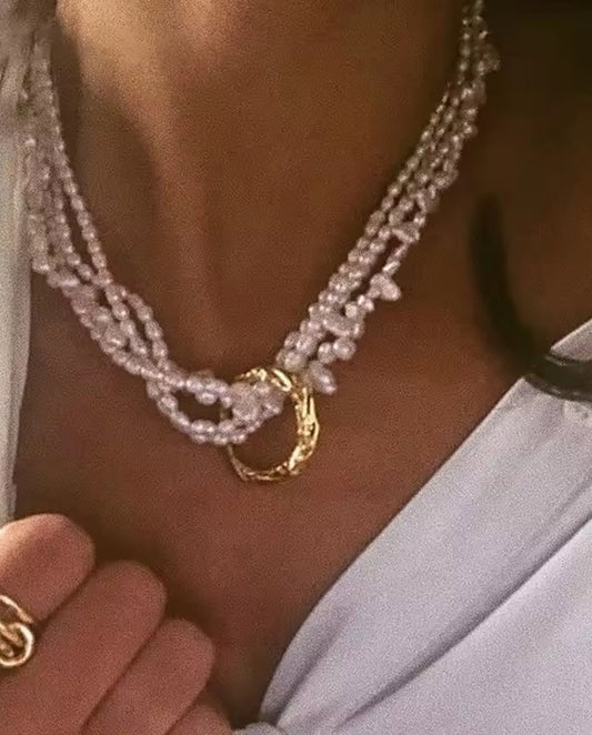 Zephyra - multi-layered natural pearls necklace with 18k gold plated ring shape pedant