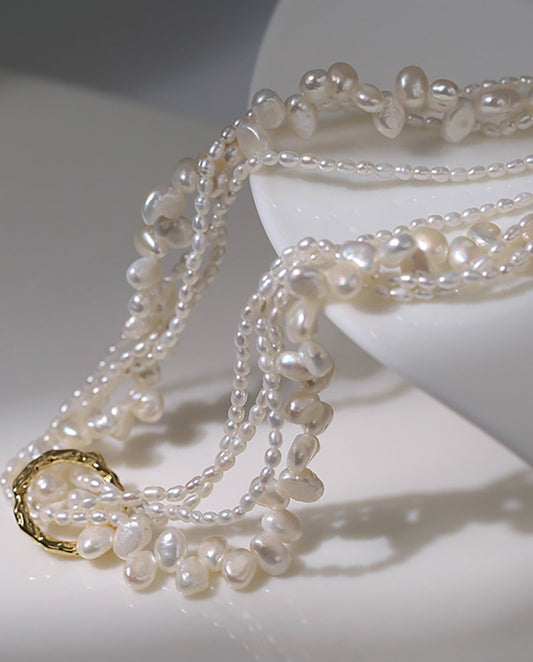 Zephyra - multi-layered natural pearls necklace with 18k gold plated ring shape pedant